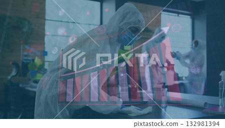 Wiping central figure using spray bottle and cloth wearing protective gear in lab, chart overlay 132981394