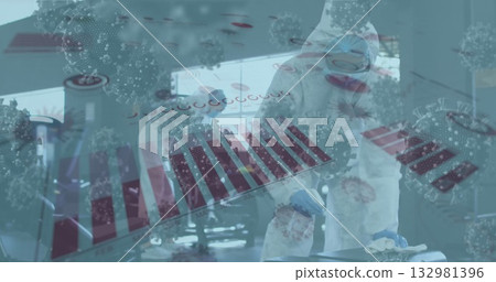 Scientists in suits examining samples in biosafety lab, with pipette, tubes and virus graphics 132981396