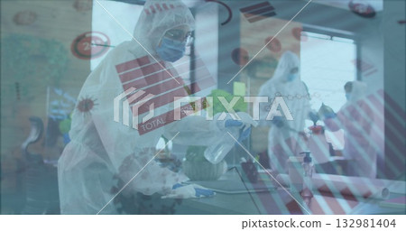 Spraying cleaning crew member disinfecting desk with spray bottle in open-plan office, copy space Spraying cleaning crew member disinfecting desk with spray bottle in open-plan office, copy space 132981404