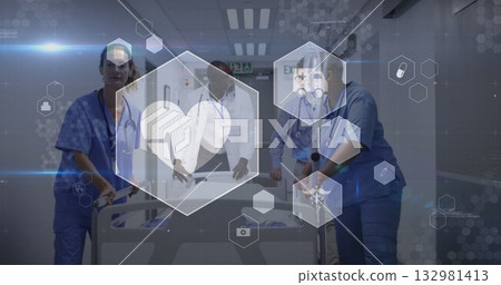 Moving nurses and doctors shifting hospital gurney through hospital corridor, with icon overlays 132981413