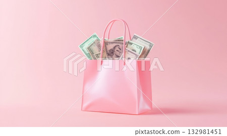 Money tucked inside a pink shopping bag on a pastel background emphasizing finance and retail Money tucked inside a pink shopping bag on a pastel background emphasizing finance and retail 132981451