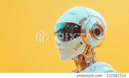 Futuristic humanoid robot with sleek design and high-tech visor against a vibrant yellow backdrop 132981514