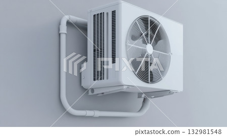 Air conditioning unit installation on a wall in a modern indoor environment during daylight hours Air conditioning unit installation on a wall in a modern indoor environment during daylight hours 132981548