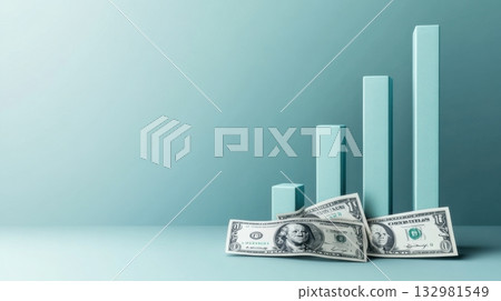 Financial growth represented by bar graphs with dollar bills in a modern setting Financial growth represented by bar graphs with dollar bills in a modern setting 132981549