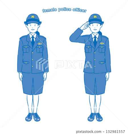 Female police officer standing and saluting pose 2C Female police officer standing and saluting pose 2C 132981557