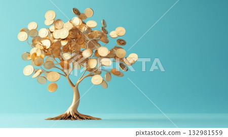 Golden coin tree growing against a blue background symbolizes prosperity and wealth in a creative representation 132981559