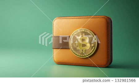 Innovation in finance illustrated with a digital wallet featuring a bitcoin symbol on a green backdrop 132981566