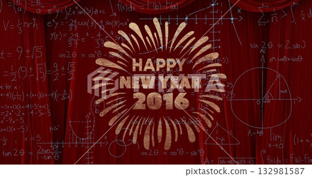 Radiating golden burst featuring HAPPY NEW YEAR 2016 on velvet backdrop with chalk formulas, graphs Radiating golden burst featuring HAPPY NEW YEAR 2016 on velvet backdrop with chalk formulas, graphs 132981587