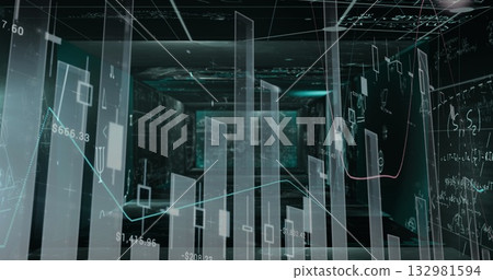 Displaying floating translucent 3D bar chart cluster in data room, with grid ceiling lights Displaying floating translucent 3D bar chart cluster in data room, with grid ceiling lights 132981594