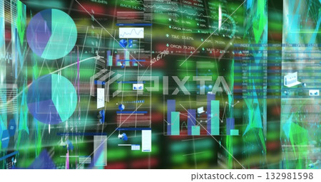 Data visualization dashboard displaying pie charts, bar and line charts and numeric readout Data visualization dashboard displaying pie charts, bar and line charts and numeric readout 132981598