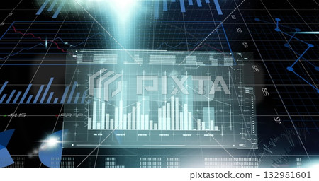 Displaying holographic data panel floating in digital space, with vertical bar chart and light beam Displaying holographic data panel floating in digital space, with vertical bar chart and light beam 132981601