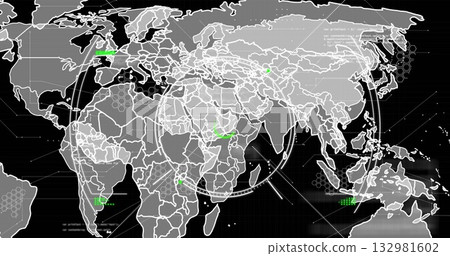 Displaying world map on interface with white outlines, hex radar grid, code lines, green zones Displaying world map on interface with white outlines, hex radar grid, code lines, green zones 132981602