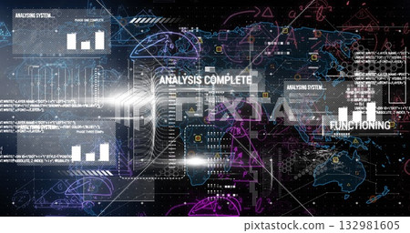Displaying interface projecting world map with cascading data streams on futuristic control console 132981605
