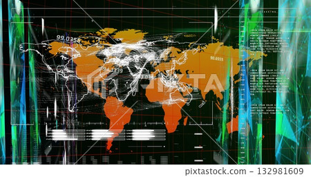 Displaying orange digital world map on red grid dashboard, showing white lines and numeric labels 132981609