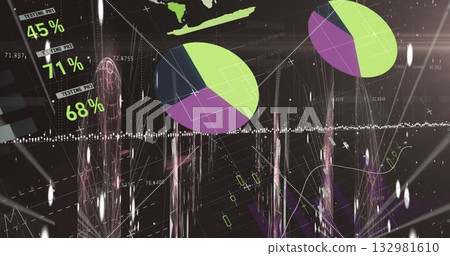 Two 3D pie charts floating in analytics dashboard, with percentage labels and dotted trend line 132981610