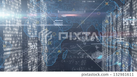 Projecting network visualization over server racks in server room, with binary code and world map Projecting network visualization over server racks in server room, with binary code and world map 132981611