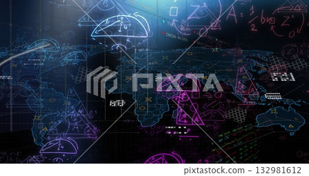 Displaying holographic world map projection in control interface, with math diagrams and data 132981612