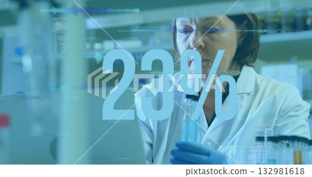 Examining scientist wearing lab coat and gloves holding test tube at lab bench, with overlay 23% Examining scientist wearing lab coat and gloves holding test tube at lab bench, with overlay 23% 132981618