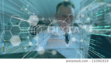 Analyzing senior scientist in lab coat examining holographic brain model in lab with code lines Analyzing senior scientist in lab coat examining holographic brain model in lab with code lines 132981619
