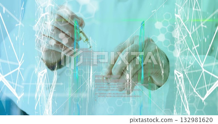 Scientist in lab coat dispensing green liquid with pipette over test tubes in lab, with holograms 132981620
