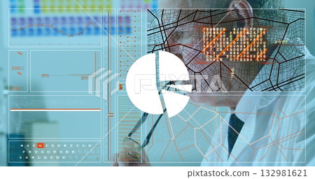 Gazing professional in lab coat studying displays with network overlays at control room, copy space 132981621