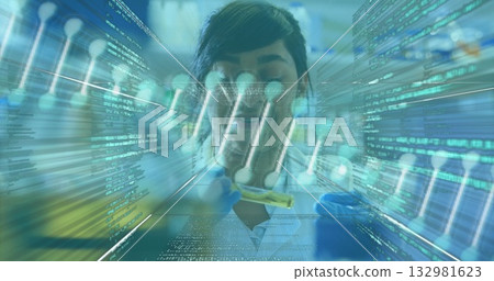 Researcher wearing lab coat analyzing pipette, test tube in lab, with code overlays and DNA helix 132981623