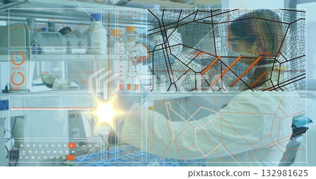 Operating Indian scientist in lab coat and gloves using pipette at lab bench, copy space Operating Indian scientist in lab coat and gloves using pipette at lab bench, copy space 132981625