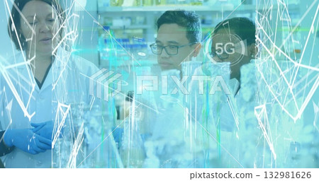 Four scientists in lab coats analyzing samples with pipettes and beakers in lab, with 5G overlay Four scientists in lab coats analyzing samples with pipettes and beakers in lab, with 5G overlay 132981626