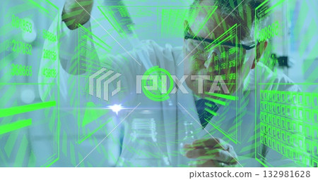 Scientist wearing lab coat, goggles conducting experiment in lab with holographic panels, glassware 132981628