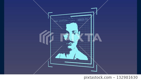 Floating holographic UI showing face in virtual space, with grid and labeling User profile 00023 Floating holographic UI showing face in virtual space, with grid and labeling User profile 00023 132981630