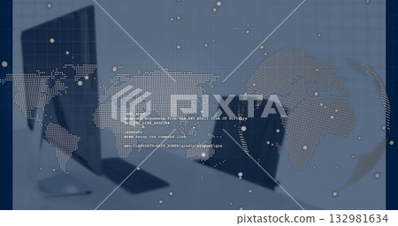 Displaying closed laptop and monitor on desk in office, with floating code and world map overlays Displaying closed laptop and monitor on desk in office, with floating code and world map overlays 132981634