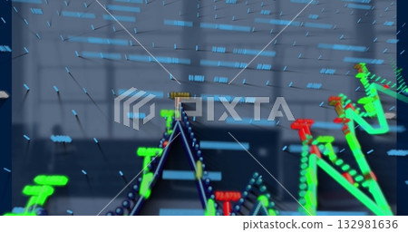 Displaying 3D holographic graph showing trend lines, data nodes and bar elements in office space Displaying 3D holographic graph showing trend lines, data nodes and bar elements in office space 132981636