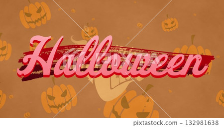 Displaying Halloween script text over red brushstroke in digital poster, with pumpkin illustrations Displaying Halloween script text over red brushstroke in digital poster, with pumpkin illustrations 132981638