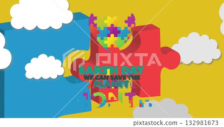 Showing colorful puzzle pieces and white clouds on yellow field, highlighting Earth Day slogan Showing colorful puzzle pieces and white clouds on yellow field, highlighting Earth Day slogan 132981673