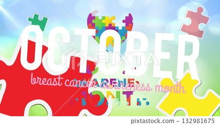 Featuring OCTOBER and breast-cancer-awareness-month on pastel background with puzzle pieces, heart Featuring OCTOBER and breast-cancer-awareness-month on pastel background with puzzle pieces, heart 132981675