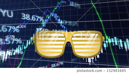 Displaying gold shutter-shades sunglasses icon overlaying trading screen, with candlestick bars Displaying gold shutter-shades sunglasses icon overlaying trading screen, with candlestick bars 132981685