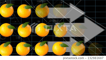 Pointing grey arrow overlaying digital panel, featuring fresh oranges and circuit-grid designs Pointing grey arrow overlaying digital panel, featuring fresh oranges and circuit-grid designs 132981687