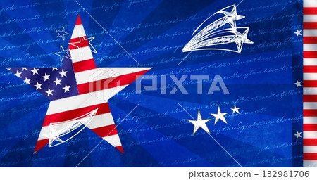 Presenting large American flag-patterned star at left on blue field, with doodle stars, copy space Presenting large American flag-patterned star at left on blue field, with doodle stars, copy space 132981706