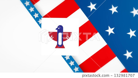 Minimalist blue red bird icon floating in digital canvas, with flag-inspired stripes and stars 132981707