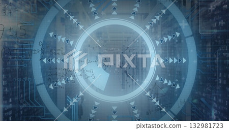 Projecting circular HUD interface into datacenter, with server racks, radial arrows and binary code 132981723