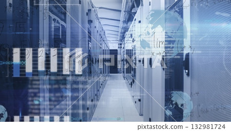 Highlighting server room corridor extending between racks and cable trays, charts and map overlays 132981724