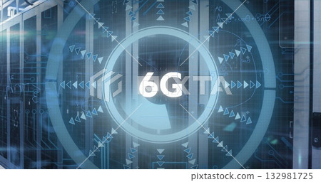 Displaying digital interface projecting glowing 6G text in server rack room, with translucent HUD 132981725