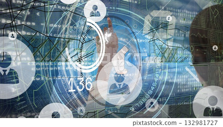 Tapping human hand engaging circular UI control in workspace, with avatar icons and data overlays Tapping human hand engaging circular UI control in workspace, with avatar icons and data overlays 132981727