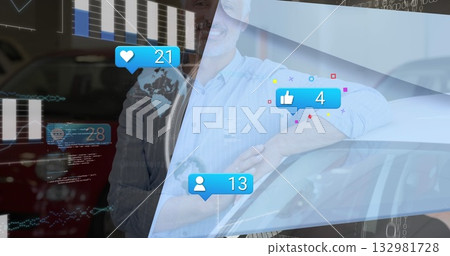 Leaning man in blue shirt studying analytics, social icons over silver car in showroom, copy space Leaning man in blue shirt studying analytics, social icons over silver car in showroom, copy space 132981728