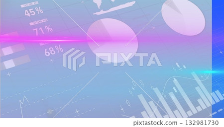 Displaying 3D spheres floating over analytics UI, with percentage labels, testing bars, pink streak Displaying 3D spheres floating over analytics UI, with percentage labels, testing bars, pink streak 132981730