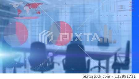 Displaying empty oval table with ergonomic office chairs in conference room, with data overlays 132981731