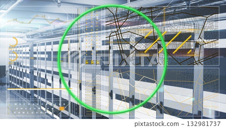 Displaying server racks showing digital network overlay in data center, highlighting connectivity 132981737