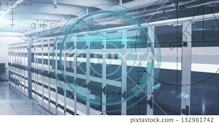 Displaying server racks lining server room corridor, showing cabling, LED lights, interface overlay 132981742