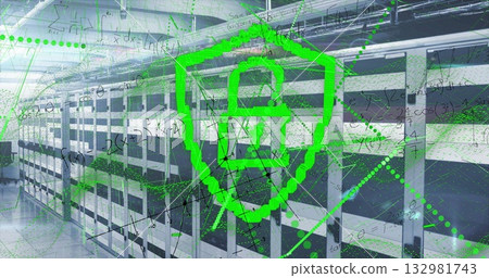 Shielding green digital shield icon protecting data in secure data center, with server racks 132981743