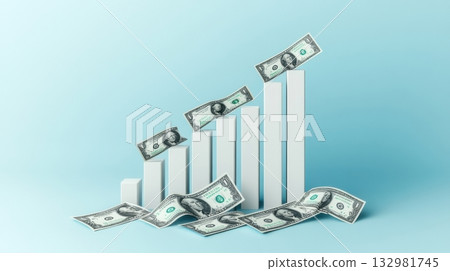 Visual representation of financial growth with money and bar graph on blue background 132981745